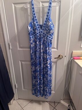 Lilly Pulitzer Serena Maxi Dress Blue Tang “Flocking Fabulous"